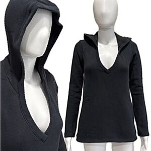 GO Couture Pullover V Front Tunic Hoodie Womens Size Small XS Black Cozy Fleece